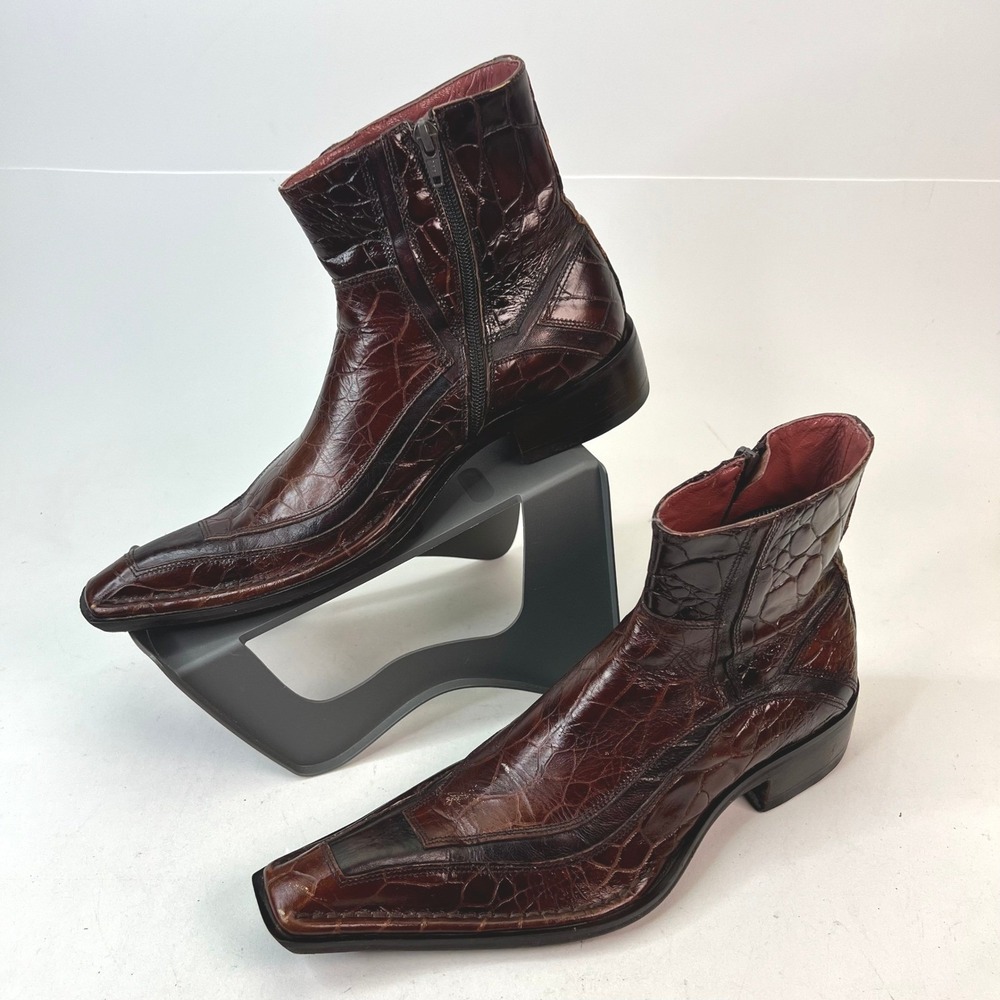 JO GHOST Men's Brown Crocodile Embossed Leather Square‎ Toe Ankle Boots Size 39